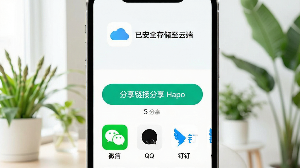 һ��չʾ�ֻ���Ļ��ͼƬ����Ļ����«��App�ķ������棬�м���һ�����ķ������Ӱ�ť���·�������΢�š�QQ�������ȷ���������ͼ�꣬��Ļ�Ϸ���һ���ƶ���״��ͼ�꣬�Ա�д�š��Ѱ�ȫ�洢���ƶˡ������������������ڻ���������ֲ��׺��������������Ȼ�����������ɾ����޶���Ԫ�ء�