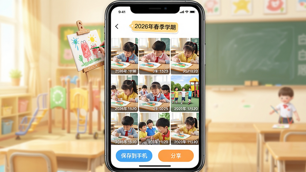 һ�ź���ͨApp�ġ��ɳ���ᡱ����չʾͼ�������������ֻ���Ļ����Ļ����ʾһ�����ҳ�棬�Ϸ��ǡ�2026�괺��ѧ�ڡ��ı�ǩ���·��ǾŹ�����Ƭǽ����Ƭ������С�������ڽ����ﻭ�����ڲٳ�����ˣ�ĳ�����ÿ����Ƭ���½�������ˮӡ������ײ��С����浽�ֻ����͡���������ť����������ܰ��ɫ����������������