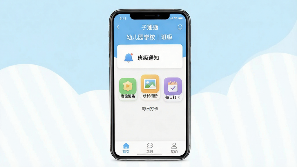 һ��չʾ����ͨApp����ȫò��ͼƬ�������������ֻ���Ļ����Ļ����ʾ����ͨApp�������棬�������׶�԰��ѧУ�����ƺͰ༶���м��С��༶֪ͨ�������ɳ���ᡱ����ÿ�մ򿨡�������ͼ�갴ť���ײ��ǡ���ҳ��������Ϣ�������ҵġ�����������������ܰ��ǳ��ɫ�Ͱ�ɫ�����ɾ���ˬ�������������޶���Ԫ��