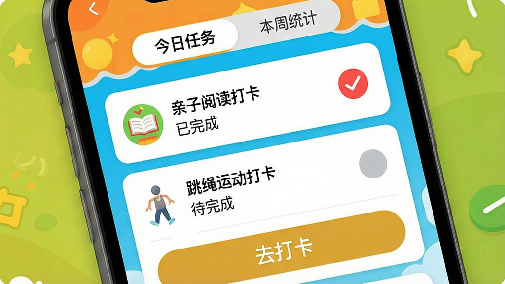 һ�ź���ͨApp�ġ�ÿ�մ򿨡����ܽ����ͼ�������������ֻ���Ļ����Ļ����ʾһ���������б�����һ�������ǡ������Ķ��򿨡���״̬��ʾ������ɡ����Ա���һ����ɫ�ĶԹ����ڶ��������ǡ������˶��򿨡���״̬��ʾ������ɡ����·���һ����ȥ�򿨡��İ�ť�����涥���С��������񡱺͡�����ͳ�ơ����л���ǩ�������ã�ɫ�����ޣ����ʸɾ�