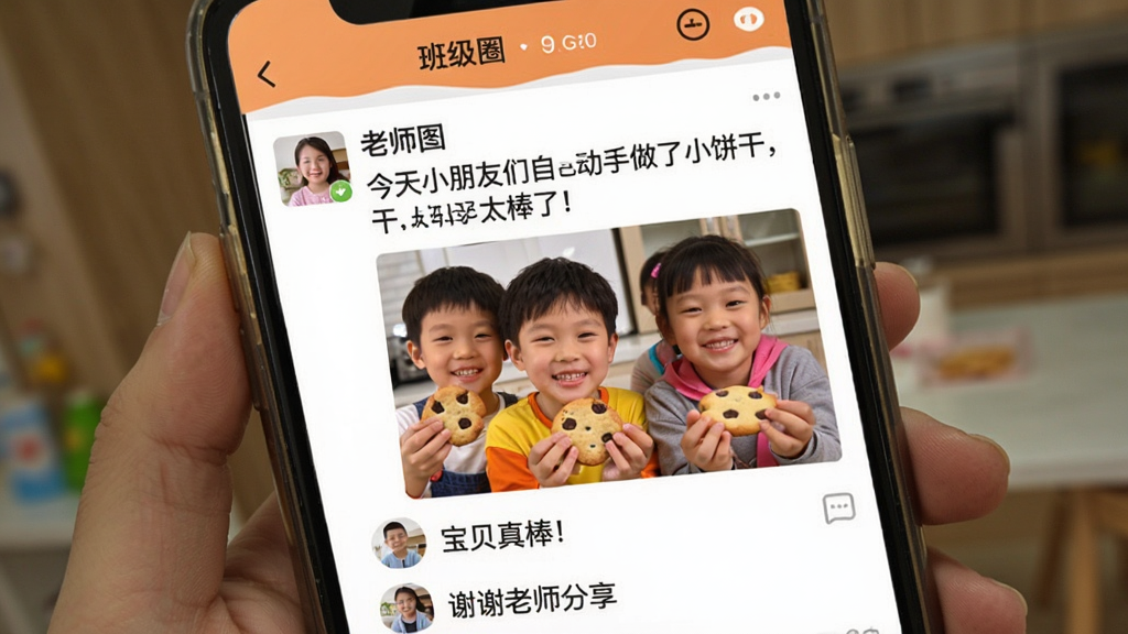 һ�ź���ͨApp�ġ��༶Ȧ�����ܽ����ͼ�������������ֻ���Ļ����Ļ����ʾһ����ʦ�����Ķ�̬�������ǡ�����С�������Լ���������С���ɣ�̫���ˣ�������ͼ�Ǽ���С�������ű��ɵ�Ц�����·��м�λ�ҳ������ۣ��硰�������������лл��ʦ����������������ܰ�����������������޶���Ԫ��
