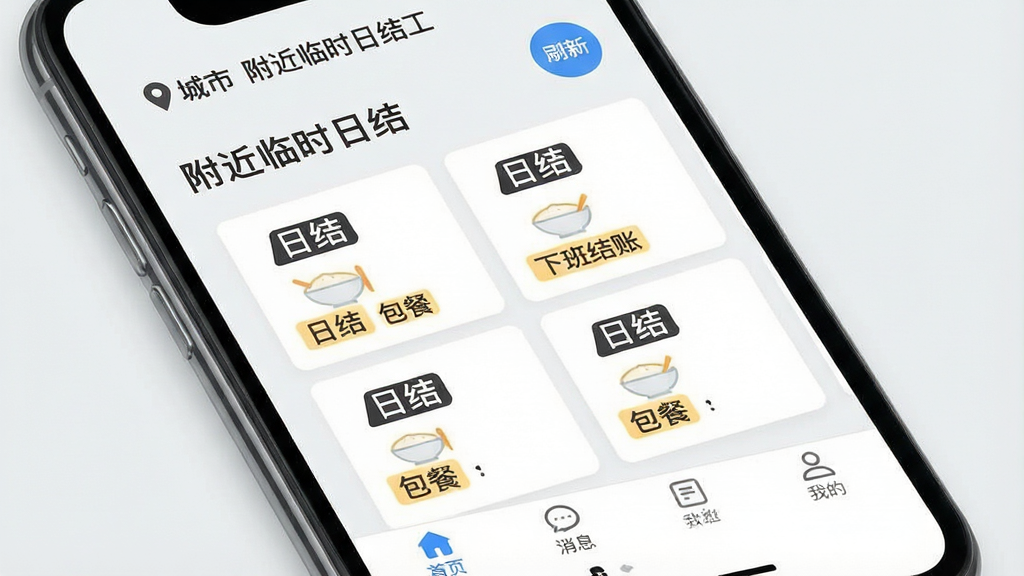 һ���ֻ���Ļչʾ���棬��Ļ�����ǡ�������ʱ�սṤ��App����ҳ���Ϸ���ʾ��λ���к�ˢ�°�ť���м����������е��ս��λ��Ƭ����Ƭ��д�š��սᡱ�����͡����°���ˡ��ȱ�ǩ���ײ�����������ҳ����Ϣ���ҵ�����ͼ�꣬�����Ǹɾ���ǳ��ɫ��������������������������û�ж���װ��Ԫ��