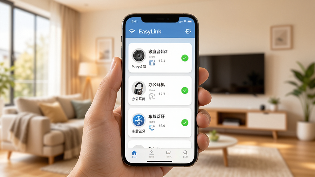 EasyLink���豸��������չʾ��������һֻ�������ֻ����ֻ���Ļ��ʾEasyLink���豸�б�ҳ�棬�б����������豸��Ƭ���ֱ��ע��ͥ���䡢�칫����������������ÿ����Ƭ�Ҳ�������״ָ̬ʾ�ƣ��������黯���ִ��Ҿӻ���������ɫ����ů���������ʸɾ����޶���Ԫ��