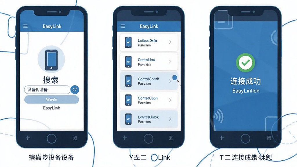 EasyLink���Ӳ�������ʾ��ͼ�������Ϊ�����ֻ���Ļ����չʾ����һ����Ļ��ʾEasyLink��ҳ�����豸���ڶ�����Ļ��ʾ�豸�б�������ӣ���������Ļ��ʾ���ӳɹ�״̬��ÿ����Ļ�·��м�����ֱ�ע����һ������������Ϊ��ƽ���廭��������ɫ�������������޶���Ԫ��
