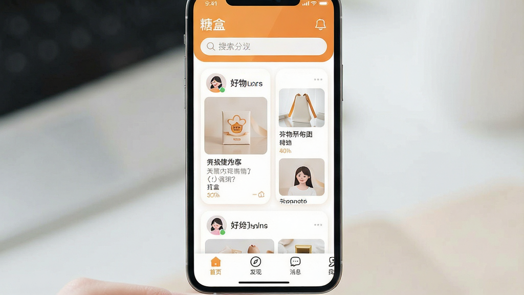 һ��չʾ�ֻ���Ļ��ͼƬ����Ļ�ϴ���һ����Ϊ���ǺС���APP���棬������Ƽ�����£���ɫ��Ϊ��ů�ĳ�ɫ�Ͱ�ɫ�����������������м����ٲ����ĺ��������Ƭ����Ƭ�����û�ͷ����ƷͼƬ�ͼ�����ۣ��ײ�����������ҳ�����֡���Ϣ���ҵ��ĸ�ͼ�꣬�������ִ���ƽ��ϸ��Բ�󣬻��ʸɾ��������޶���Ԫ�ء�