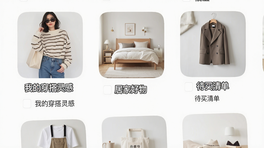 һ��չʾ���ǺС�APP�ղؼй��ܵ�ͼƬ����Ļ����ʾ����ղؼз��棬����ͼ�ֱ��ǲ�ͬ����ƷͼƬ���·����ղؼ������硰�ҵĴ�����С������ӼҺ�����������嵥��������������࣬ͼ�����ͳһ�����ʸɾ��޶���Ԫ�ء�