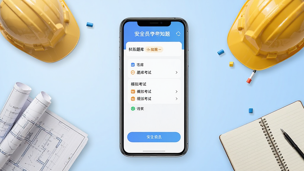 ��ȫԱ����ѧ֪��APP����������չʾ��������ģ�⿼����ڣ��ֻ���Ļ���аڷţ�����Ϊ����ɫ���䣬��Χɢ�䰲ȫñ��ʩ��ͼֽ���ʼǱ���Ԫ�أ���������רҵ������ɾ��������޶���װ�����֡�