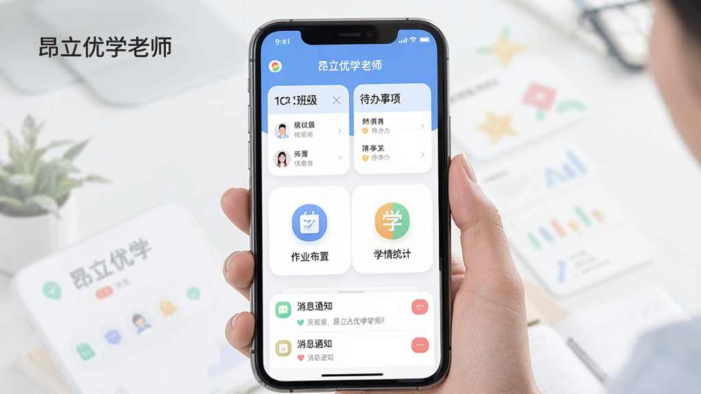 ������ѧ��ʦ���ֻ���Ļչʾ��ѧ����App��ҳ������Ϊ�������棬�����Ϸ��ǰ༶�б��ʹ������Ƭ���м�����ҵ���ú�ѧ��ͳ��ͼ�꣬�·�����Ϣ֪ͨ�����Ű�������������ִ���ƽ����ϸ��Բ�󣬻��ʸɾ��޶���Ԫ�أ����֡�������ѧ��ʦ�������ɼ�