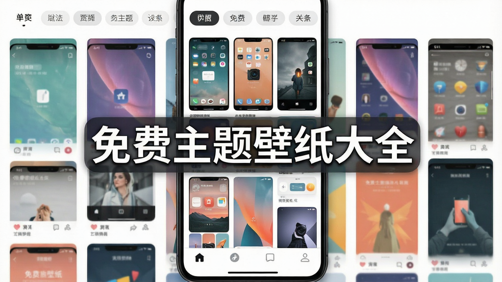 一张手机屏幕展示着琳琅满目的壁纸缩略图瀑布流,界面干净清爽,顶部有分类标签,底部有导航栏,画面中央醒目地展示着“免费主题壁纸大全”的文字标识,整体风格现代扁平,色彩丰富且和谐,画质清晰,无多余元素