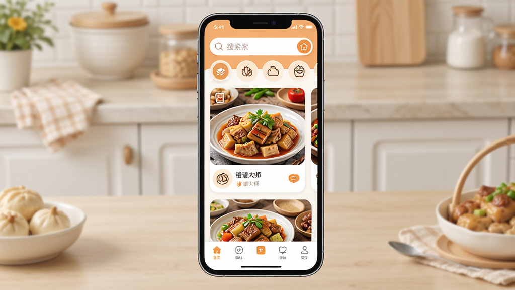 ʳ�״�ʦApp��ҳ����ȫòչʾ��������һ���ֻ���Ļ����Ļ����ʾ���״�ʦӦ�õ���ҳ���������������ͷ����ǩ���м��Ǹ��ּҳ��˳�Ʒͼ��Ƭ���ײ��ǵ������������������Ű����룬�����ܰ������ϸ����ʳ��ͼ���Բ�ǿ�Ƭ�����ʸɾ����壬�޶���Ԫ��