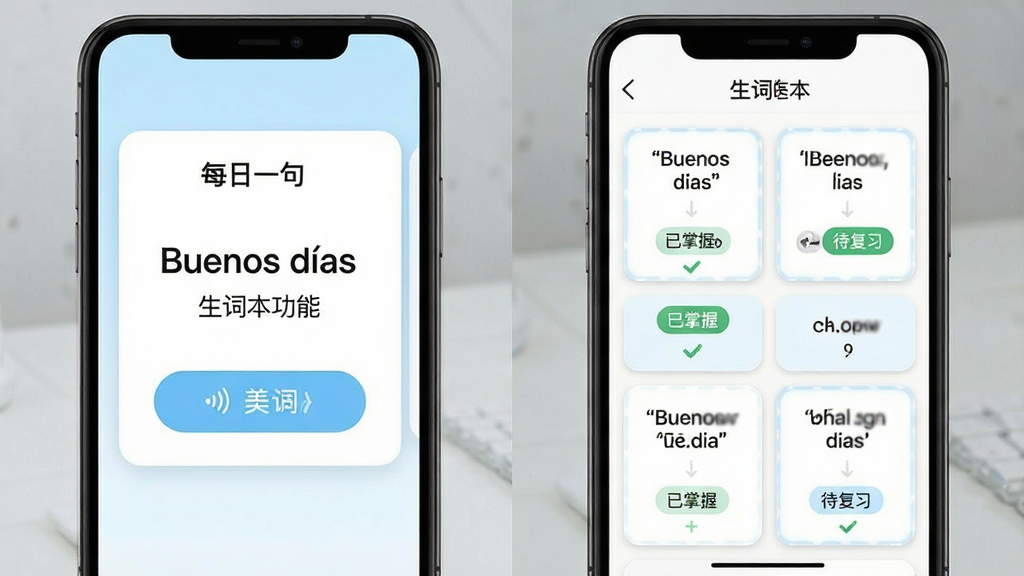 �������ܿ���ÿ��һ������ʱ�����չʾ���ֻ���Ļ���ҷ����������ʾ��ÿ��һ�䡱��Ƭ�����������Buenos d��as�������ķ��뼰������ť���Ҳ���ʾ���ʱ��б���������������ʽ���У��С������ա��͡�����ϰ���ı�ǩ�����������¼�Լ���԰�ɫ��ǳ��ɫΪ���������������޶���װ��Ԫ�أ�����ϸ�塣
