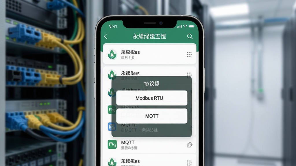 一张展示“永续绿建五恒”App设备连接界面的图片,画面中心是手机屏幕特写,屏幕显示设备列表和协议选择菜单,有“Modbus RTU”和“MQTT”文字标识,背景是模糊的机房机柜和网线,风格写实科技感,细节清晰,画质干净,无多余元素。