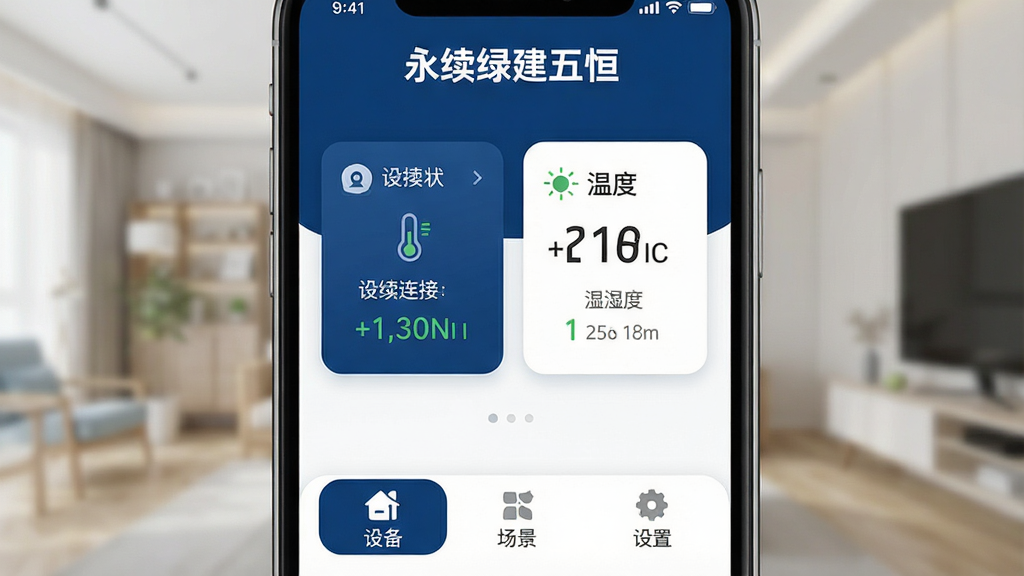 一张展示“永续绿建五恒”手机App主界面的图片,主体为一部现代智能手机,屏幕显示软件主界面,界面以深蓝色和白色为主色调,顶部显示“永续绿建五恒”文字标识,中间区域有设备连接状态卡片和温度湿度数值,底部为设备、场景、设置三个选项卡,布局清晰,风格现代扁平,细节圆润,画质干净,无多余元素。