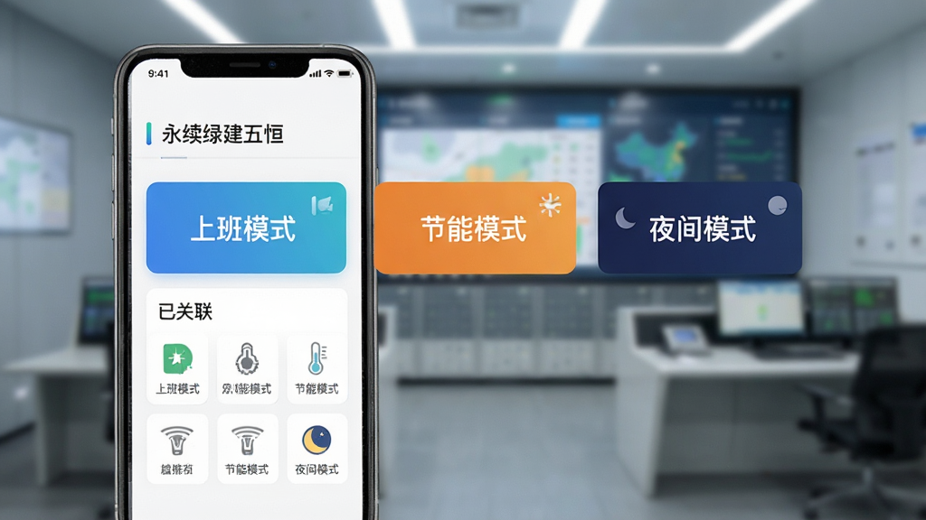 一张展示“永续绿建五恒”App场景模式切换界面的图片,手机屏幕显示“上班模式”“节能模式”“夜间模式”三个大按钮,按钮下方有已关联设备的图标列表,背景是模糊的智能楼宇控制室,风格现代扁平,画质干净,无多余元素。