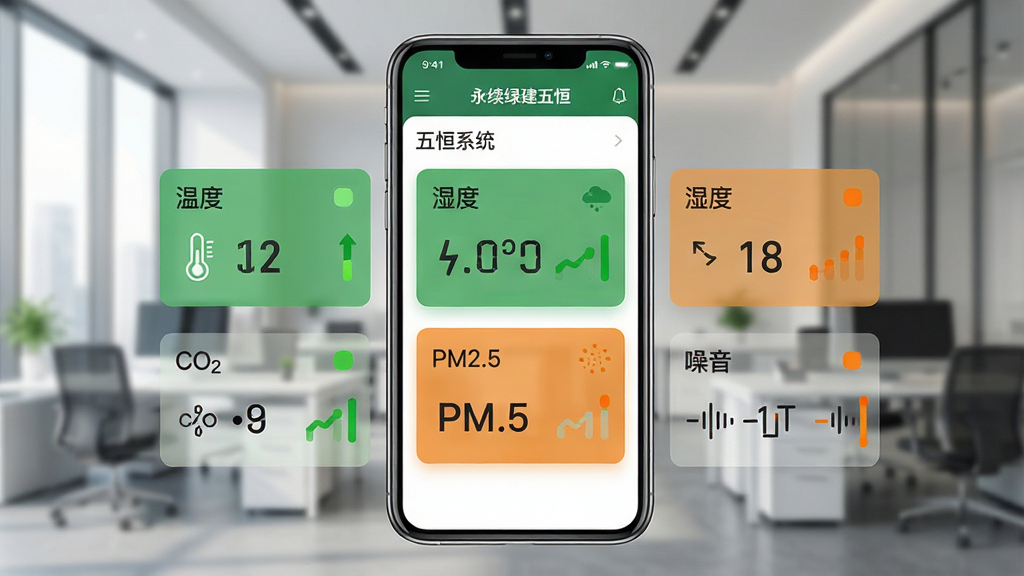 一张展示“永续绿建五恒”App五恒系统数据监控面板的图片,手机屏幕显示五个数据卡片,分别标注“温度”“湿度”“CO2”“PM2.5”“噪音”,数值清晰,卡片有绿色和橙色状态区分,背景是模糊的现代办公室环境,风格简洁商务,画质干净,无多余元素。