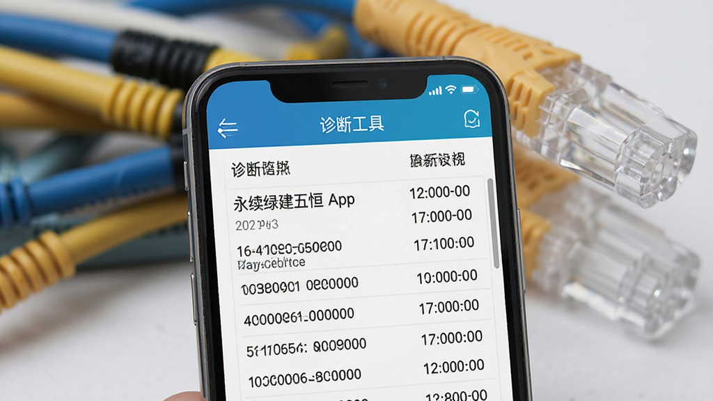 一张展示“永续绿建五恒”App诊断工具界面的图片,手机屏幕显示报文收发记录列表,有十六进制数据和时间戳,顶部有“诊断工具”标题,背景是模糊的网线和水晶头,风格技术实用,画质干净,无多余元素。