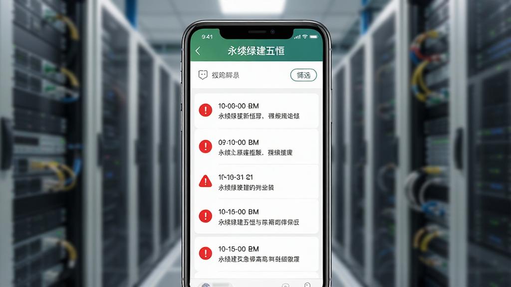 一张展示“永续绿建五恒”App报警记录列表界面的图片,手机屏幕显示多条报警条目,每条有红色感叹号图标、时间戳和简要描述,顶部有筛选按钮,背景是模糊的机房设备,风格简洁实用,画质干净,无多余元素。