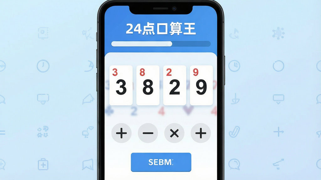 һ��չʾ24����������ܳ��⹦�ܵ�ͼƬ�������������ֻ���Ļ��д����Ļ����ʾ���������Ʒֱ�Ϊ3��8��2��9���·��мӼ��˳����ź��ύ��ť����Ļ�Ϸ��С�24�������������ͼ�ʱ�������������Ǽ�Լ��ǳ��ɫ���䣬����ִ���ƽ�����������ɾ����޶���Ԫ��
