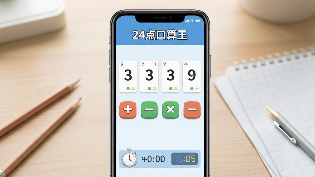 һ��չʾ24������������������ͼƬ�������������ֻ���Ļ����Ļ����ʾ24�������Ӧ�ý��棬�����С�24����������������м����ĸ����ֿ�Ƭ�ͼӼ��˳����Ű�ť���·��м�ʱ���͵÷���ʾ����������͵������������Ա߷���Ǧ�ʺͲݸ�ֽ��������¼�࣬���ʸɾ����޶���Ԫ��