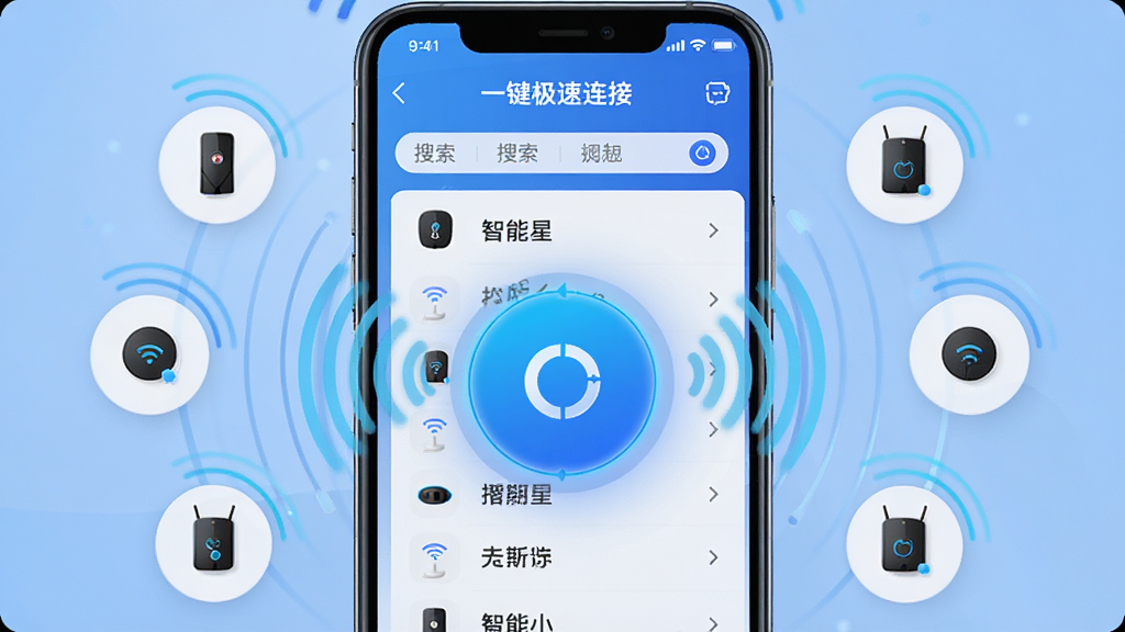 欧酷星智控 一键连接功能展示图,主体是一部手机屏幕显示搜索到多个智能设备的列表,布局中间是一个大大的圆形连接按钮,周围环绕着设备图标,排版对称居中,风格科技感蓝色调,细节有信号波纹动画效果,画质清晰干净无多余元素,文字标注“一键极速连接”