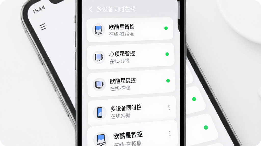 欧酷星智控 多设备管理界面图,主体是手机屏幕显示设备列表,布局为纵向排列的设备卡片,每个卡片显示设备名称和在线状态,排版整齐有序,风格现代简约,细节有设备类型图标和在线绿点,画质清晰干净无多余元素,文字标注“多设备同时在线”