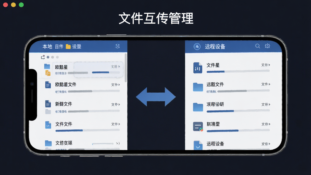 欧酷星智控 文件互传管理界面图,主体是手机屏幕显示文件浏览列表,布局左侧是本地文件目录,右侧是远程设备文件目录,中间有双向传输箭头,排版分栏清晰,风格简洁商务风,细节有文件类型图标和传输进度条,画质干净无多余元素,文字标注“文件互传管理”