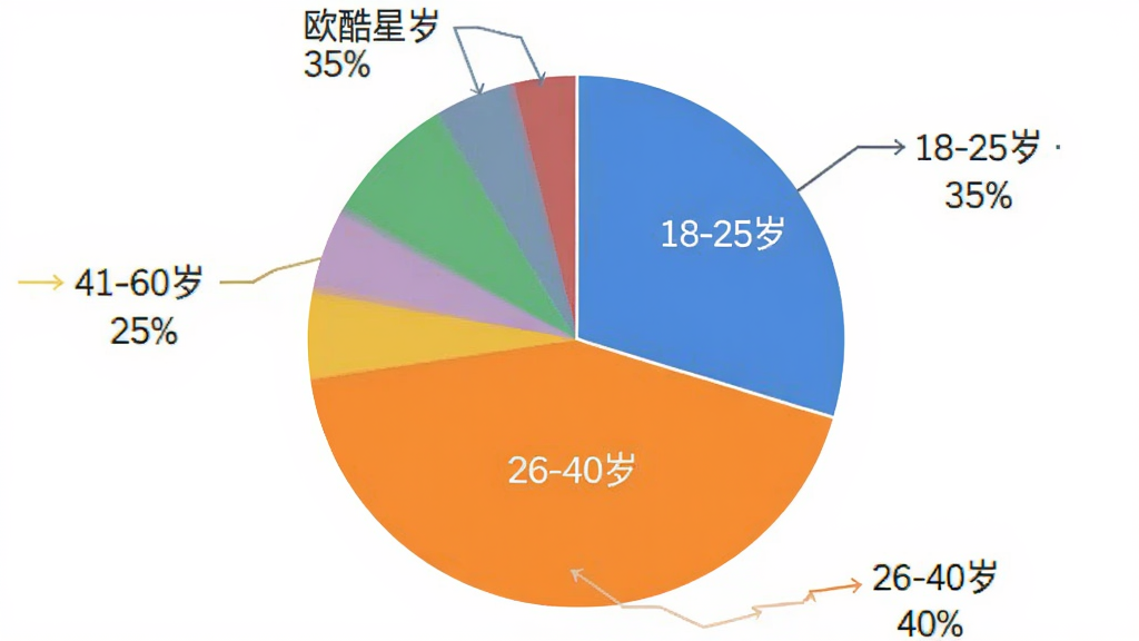 欧酷星智控 用户年龄分布饼状图,主体是一个圆形饼图,布局居中显示各年龄段占比,排版清晰标注百分比,风格数据可视化扁平风,细节有不同颜色区块和标签,画质高清干净无多余元素,文字标注“18-25岁 35%”“26-40岁 40%”“41-60岁 25%”