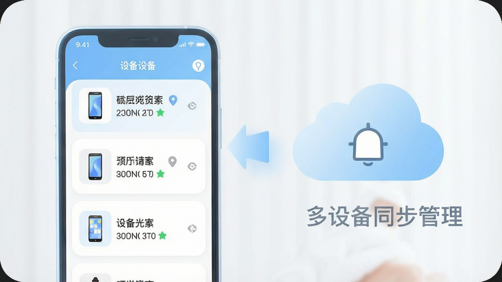 一张展示定位手机查找管家多设备同步管理功能的示意图,画面中一部手机屏幕上显示设备列表界面,列出了三部不同设备的图标和位置状态,旁边有云端同步的箭头符号,布局清晰整齐,风格现代简约,色调以浅蓝和白色为主,细节圆润,画质干净,无多余元素,图片中文字标注为“多设备同步管理”。