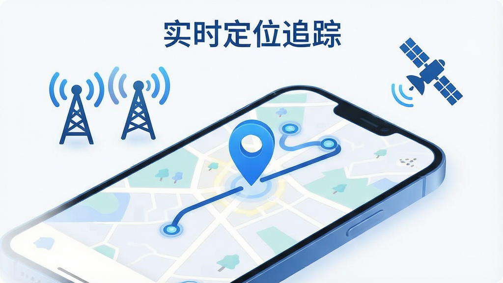 一张展示定位手机查找管家实时定位追踪功能的示意图,画面中一部手机显示地图界面,地图上有醒目的定位图标和移动轨迹线条,旁边有信号塔和卫星图标表示定位信号来源,布局简洁明了,风格现代科技感,色调以蓝色和白色为主,细节清晰,画质干净,无多余元素,图片中文字标注为“实时定位追踪”。
