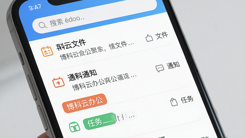 一张展示博科云办公消息聚合界面的图片,主体为手机屏幕特写,屏幕中央显示博科云办公的消息列表,包含文件、通知、任务三种不同颜色的标签分类,顶部有搜索框,布局整齐,风格清新,画质干净,文字清晰,无多余元素