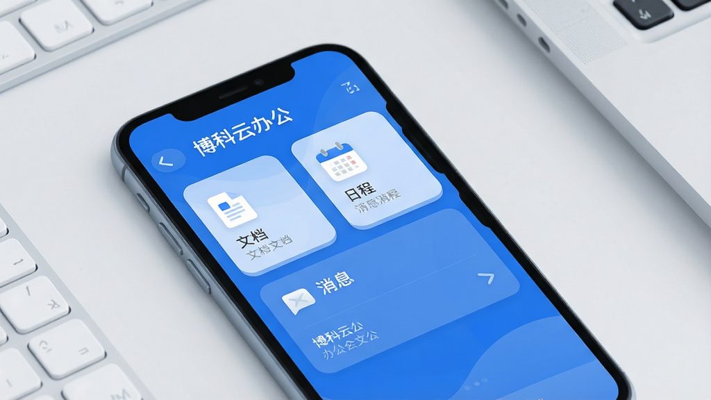 一张展示博科云办公核心全貌的图片,主体为一部智能手机屏幕,屏幕上显示着博科云办公的蓝色主界面,包含文档、日程、消息三个大模块卡片,布局简洁,背景为干净的浅灰色办公桌面,风格现代扁平,细节圆润,画质清晰,文字标签明确,无多余元素