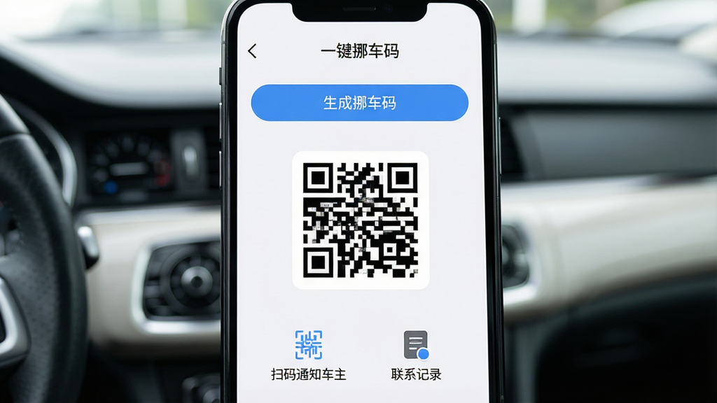 一张手机屏幕特写,画面中央展示“一键挪车码”App的主界面,界面设计简洁,顶部有“生成挪车码”按钮,中间是一个二维码图案,底部有“扫码通知车主”和“联系记录”两个图标,背景是车内仪表盘虚化场景,风格现代扁平,细节干净,画质清晰,无多余元素