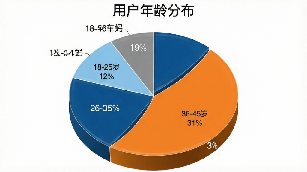 一张饼状图,展示“一键挪车码”用户年龄分布,18-25岁占12%,26-35岁占38%,36-45岁占31%,46-60岁占19%,饼图颜色分别为浅蓝、深蓝、橙色、灰色,图表标题为“用户年龄分布”,背景白色,风格简洁,细节清晰,画质干净,无多余元素