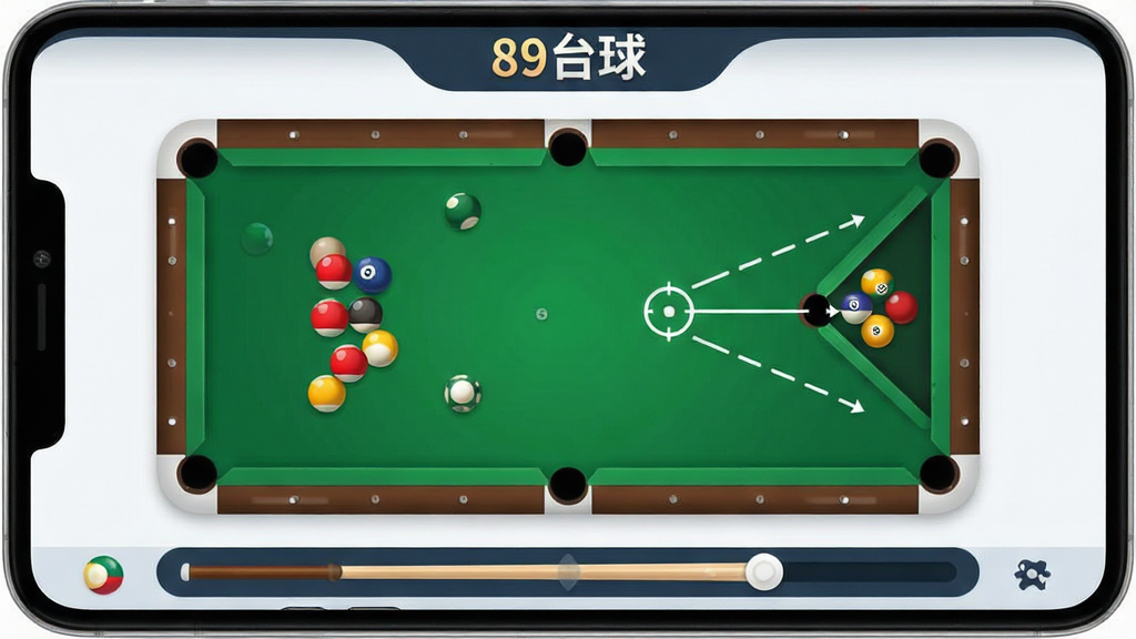 一张展示89台球App核心界面的全景图,画面中央是绿色的台球桌,桌面上摆放着红黄白三色台球,一个白色的瞄准辅助线指向球袋,界面底部有球杆力度调节条,顶部显示“89台球”文字标识,整体布局清晰,排版简洁,风格现代扁平化,细节圆润,画质干净明亮,无多余元素
