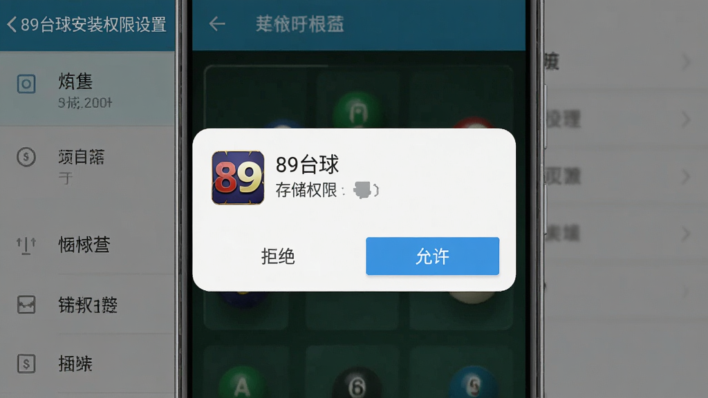 一张展示89台球安装权限设置的手机界面示意图,画面中有一个安卓系统的权限管理弹窗,上面显示“89台球”请求存储权限,下方有“拒绝”和“允许”两个按钮,背景是手机设置菜单,风格写实,细节清晰,画质干净,无多余元素