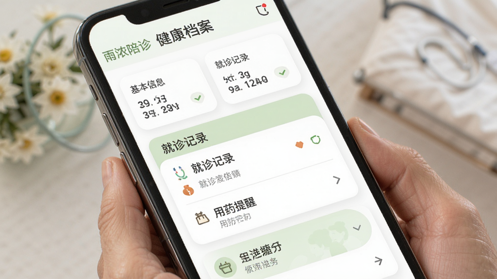 ��Ũ���｡�������������棬�ֻ���Ļչʾһλ���˵Ľ�������ҳ�棬����������Ϣ�������¼�б�����ҩ���ѵ�ģ�飬�����԰�ɫ��ǳ��ɫΪ������Ƭʽ���֣���Ϣ�㼶�����������ܰרҵ�����������ɾ�