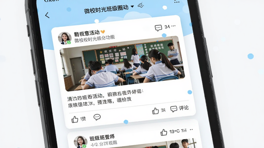 ΢Уʱ��༶Ȧ���ܽ��棬�ֻ���Ļչʾ��̬��Ƭ�б�����Ƭ������ʦ�����İ༶���Ƭ������˵�����·��е��޺�����ͼ�꣬�����԰�ɫ��Ƭ����ǳ��ɫ��׺��������¼�࣬���ʸɾ�