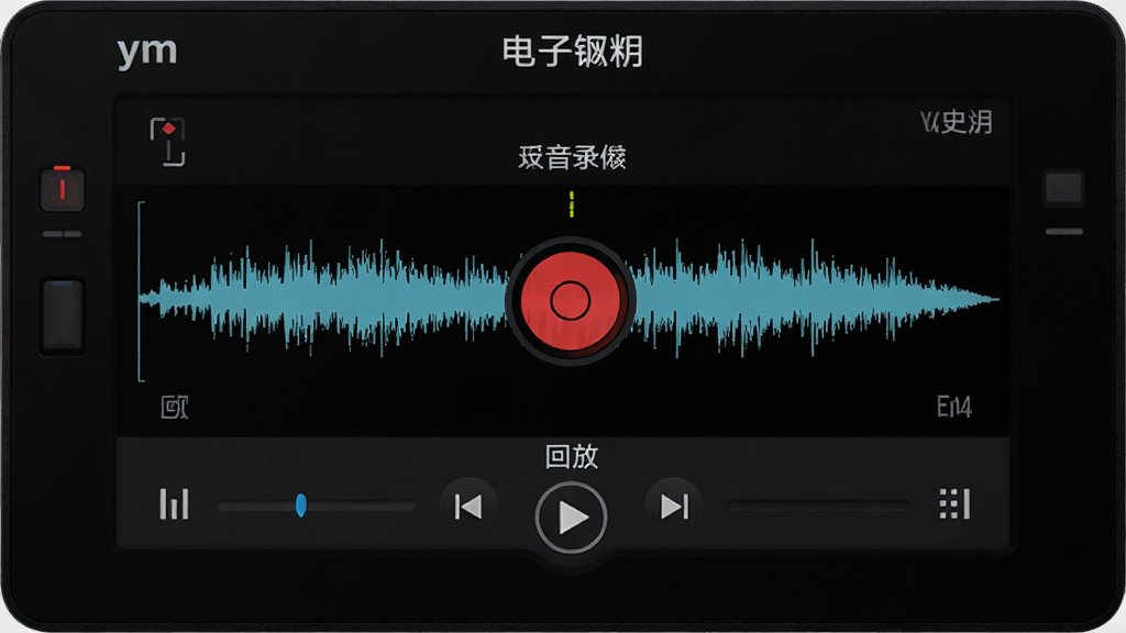ym���Ӹ���¼�����ܽ��棬��Ļ�����к�ɫ¼����ť�Ͳ�����ʾ���·��лطſ�����������Ϊ��ɫ�����沼�����������ֱ�עΪ���ģ��������������