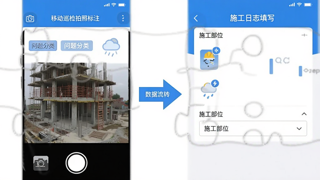 ��Դ�ǻ۹���App���ܽ���ƴͼ�����չʾ�ƶ�Ѳ�����ձ�עҳ�棬�Ҳ�չʾʩ����־��д���棬�м��ü�ͷ���ӱ�ʾ������ת������Ԫ�������հ�ť����������ǩ������ѡ��ͼ�ꡢʩ����λ�����˵���������������ɫΪ���������ֱ�ۣ����ʸɾ��޶���Ԫ��