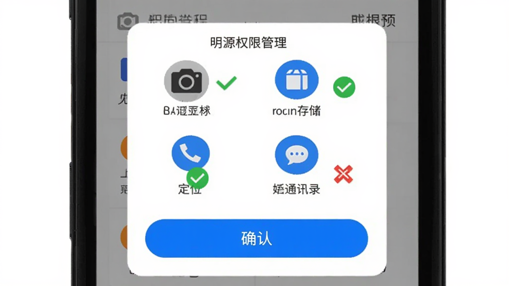 ��Դ�ǻ۹���AppȨ�������������棬�ֻ���Ļ��ʾȨ�޹���������������洢����λ��ͨѶ¼�ĸ�Ȩ��ͼ�����У��Ա�����ɫ�Թ��ͺ�ɫ��ű�ע���ײ���ȷ�ϰ�ť�������԰�ɫ��������ɫ��ťΪ�����������ֱ�ף����ʸɾ��޶���Ԫ��