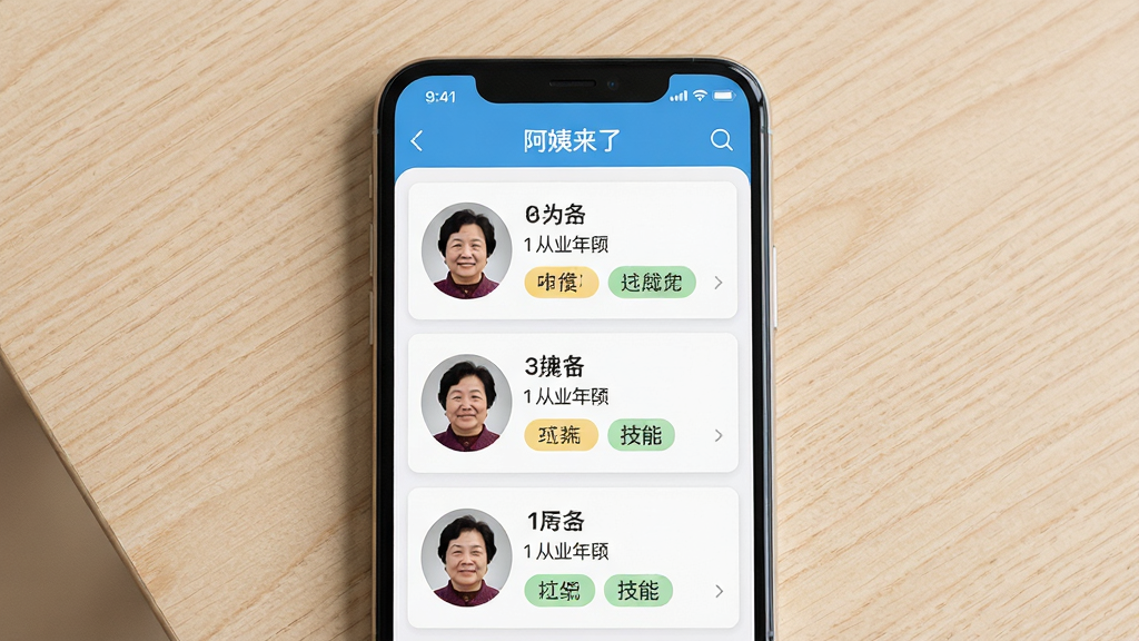 �ֻ���Ļ��д���棬��Ļ����ʾ���������ˡ�APP�İ����б�ҳ�棬ÿ�����̿�Ƭ����ͷ����������ҵ���޺ͼ��ܱ�ǩ��������ø��ӽǶ������ֻ���������ǳɫľ�����棬�������ֻ����С���Ļ���������ɼ������Ϊдʵ��Ʒ��Ӱ�磬ϸ���Ͽ�Ƭ�������롢���ֱ�ǩ��ȷ�����ʸɾ������޶���Ԫ��