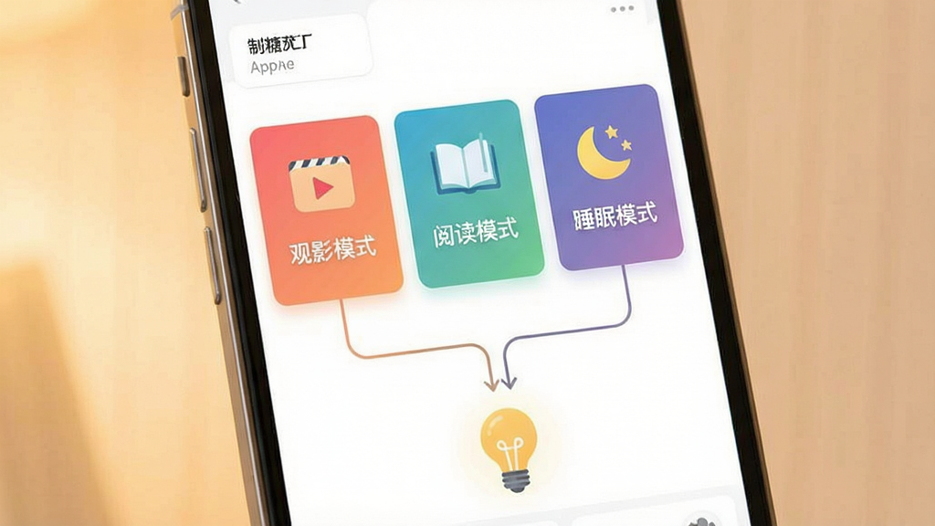 һ��չʾ���ǹ���App�����������ý����ͼƬ������������һ���ֻ�����Ļ����ʾ�ż�����ͬ��ɫ�ĳ�����Ƭ�����硰��Ӱģʽ�������Ķ�ģʽ������˯��ģʽ������Ƭ�·���������ָ��һ������ͼ�꣬ʾ��������ϵ����������͵�ůɫ�����������������ֱ�ǩ��ȷ������ִ���ƽ�����ʸɾ��޶���Ԫ�ء�