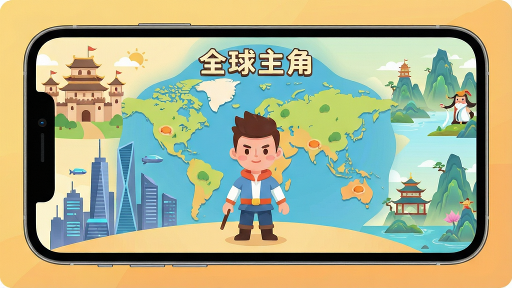 һ��չʾ�ֻ���Ļ�Ļ��棬��Ļ����ʾ��ȫ�����ǡ���Ϸ�����棬���������ǽ�ɫվ�������ͼǰ�������в�ͬ���ĳ���Ԫ����Ŵ��Ǳ���δ�����С�����ɽˮ�����ּ�����������Ϊ��ƽ���廭�磬ϸ��Բ�󣬻��ʸɾ����޶���Ԫ�أ�ɫ��������ů