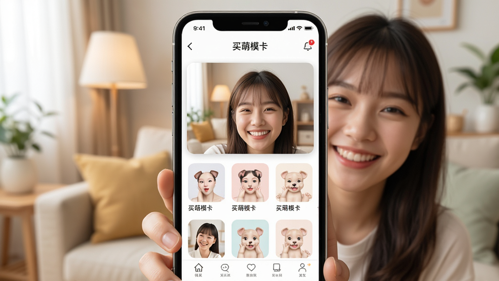 һ���ֻ���Ļ��д����Ļ��չʾ�š�����ģ����App����ҳ���棬�������и���ģ��ģ������ͼ��һ������Ů���������ֻ�����΢Ц����������ܰ�ľӼһ�����������ͣ����������Ȼ�������������ɾ��޶���Ԫ��
