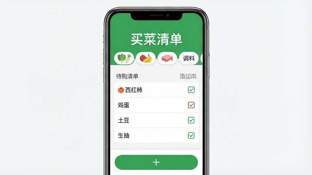 һ�ż���������ֻ�Ӧ��������ͼ����������չʾ������嵥��App����ҳ�������С�����嵥���ĸ����ֱ��⣬�·����߲ˡ�ˮ�������ࡢ�����ĸ������ǩ���м��Ǵ����嵥�б��������������������������������项����Ŀ���Ҳ��й�ѡ�򣬵ײ��ǼӺ����Ӱ�ť��������ɫ����ɫ�Ͱ�ɫΪ����������¼�Լ��ϸ�ڸɾ������������޶���Ԫ��