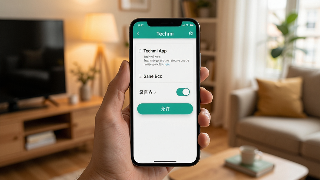 Techmi App ���ֲ���ָ����������һֻ�������ֻ����ֻ���Ļ����ʾ Techmi App ��Ȩ�����ý��棬��¼��Ȩ�޵Ŀ��ذ�ť�͡�������������ʾ����������ܰ�����ڻ��������дʵ�������������޶���Ԫ��