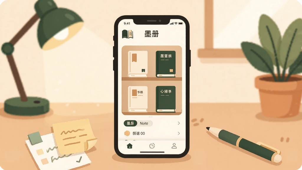 һ��չʾī��App���Ľ�������ֲ廭������������һ�������ֻ�����Ļ��ʾī����鼮��ܺͱʼ��б����棬������ů�׺�ī��ɫΪ��ɫ����������м��������Լ���飬�Ա�ɢ���ű�ǩֽ��һ֧�ʣ���������ܰ���鷿һ�ǣ���̨�ƺ���ֲ��������±�ƽ����ϸ��Բ����ͣ����ʸɾ��������޶�������Ԫ��