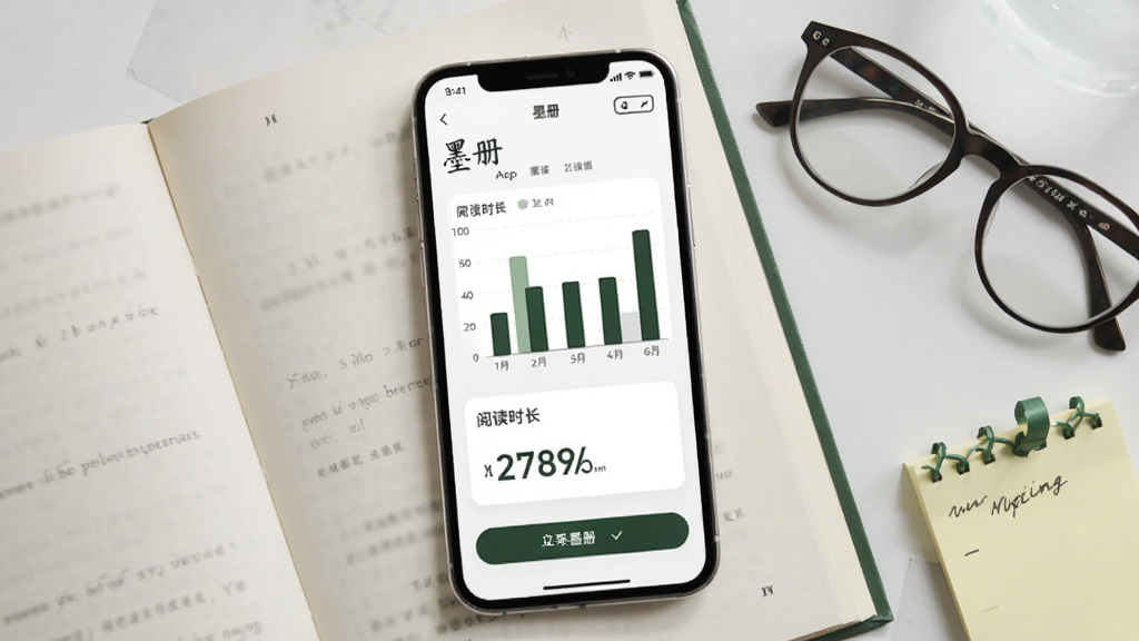 ī��App�Ķ�ͳ�ƽ���չʾͼ���ֻ���Ļ��ʾī����Ķ�����ͳ��ҳ�棬����״ͼ���Ķ�ʱ�����֣������Լ����ɫ��ī��ɫΪ�����ֻ�����һ���򿪵������棬�Ա����۾��ͱ�ǩ��������±�ƽ�����ʸɾ��޶���Ԫ��