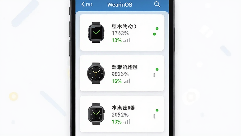 һ��չʾWearinOS�豸�������ܵ�ͼƬ������Ϊ�ֻ���Ļ�ϵ��豸�б����棬���ֲ�������Ƭʽ���У��Ű�չʾ���ͬ�ͺŵ������ֱ�ͼ�꼰����״̬�����Ϊ��������UI��ƣ�ϸ�ڰ�����ɫ����ָʾ�ơ������ٷֱȡ��ź�ǿ��ͼ�꣬���������ɾ��޶���Ԫ��