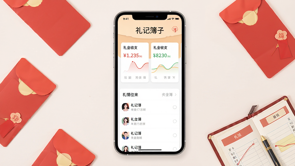 这是一张手机应用界面展示图,画面正中央是一部现代智能手机,手机屏幕上显示着一款名为